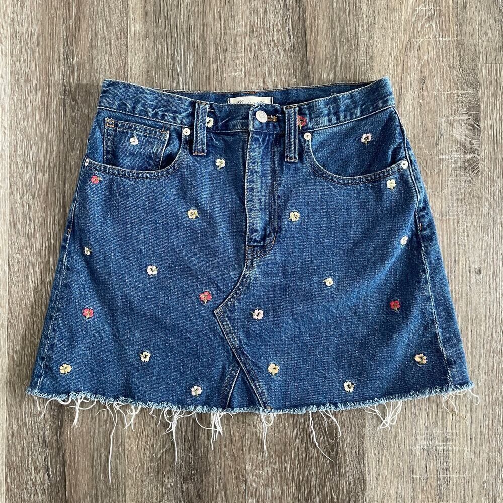 Madewell Rigid Denim A-Line Mini Skirt Floral Embroidered - Size: 27 - Picture 2 of 8